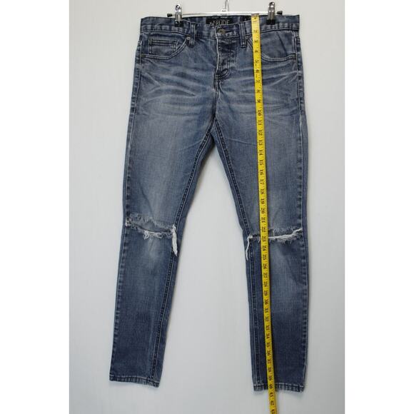 XXX Rude Button Fly Skinny Jeans Men 30 / 34 Distressed Ripped Blue Denim - Picture 3 of 14